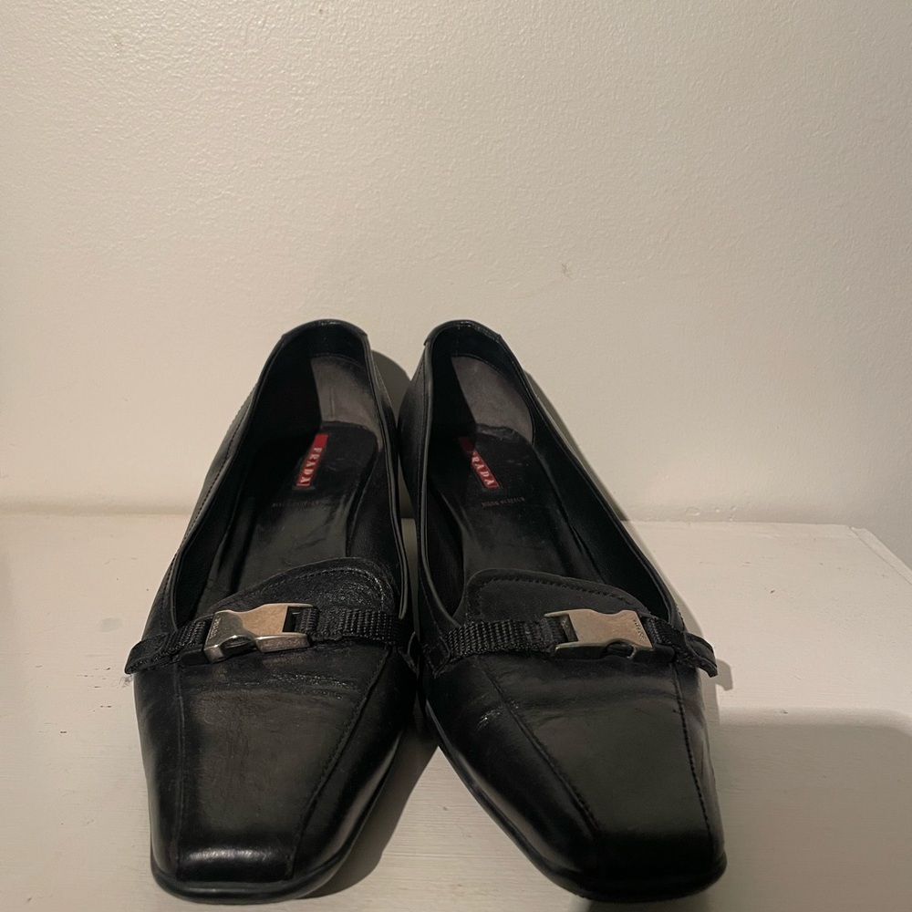 Prada Black Leather Kitten Heel Loafers